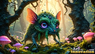 A green mossy creature with large pink ears stands near pink mushrooms in the woods