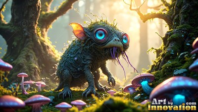 In a mossy woods, a small green creature with big blue eyes stands near mushrooms