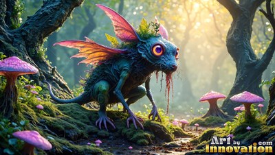 Creeping through the woods, a small blue creature with pink wings stands near mushrooms