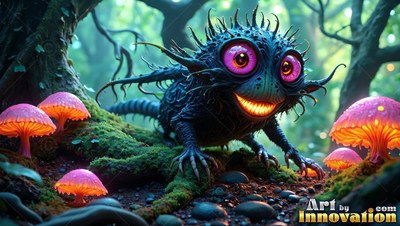 Spiky black creature grinning near pink mushrooms in a forest