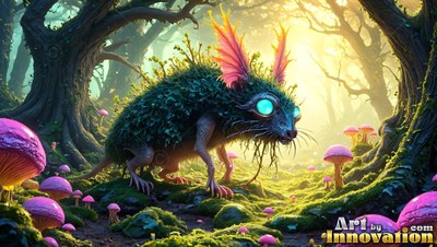 With big turquoise eyes, a mossy rodent-like critter walks past pink mushrooms in a sunny woods