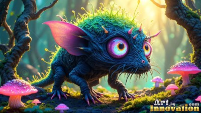 A blue spiny creature creeps past bright pink mushrooms in warm sunlight