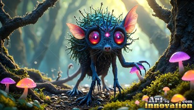 Crouching on mossy ground, a spiky blue critter touches a bright mushroom