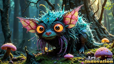 A spiky teal critter with huge orange eyes crouches by pink mushrooms in the woods