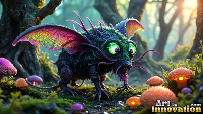 In a mossy forest, a winged critter with big green eyes walks past lit mushrooms