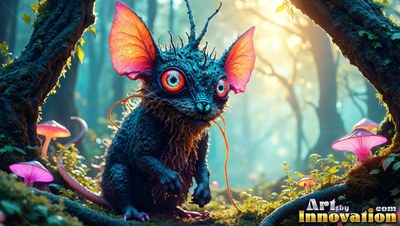 Crouching in sunlight, a spiky blue rodent with large pink ears sits by mushrooms