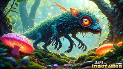 Spiny teal lizard creature crawling past bright mushrooms in a forest