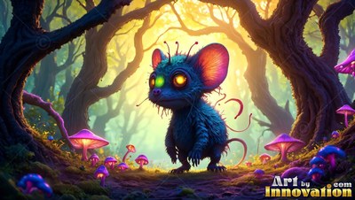 Large pink ears frame a small furry blue critter walking through bright purple forest mushrooms