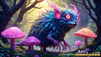 A spiny blue creature walks past pink mushrooms under soft yellow sunlight