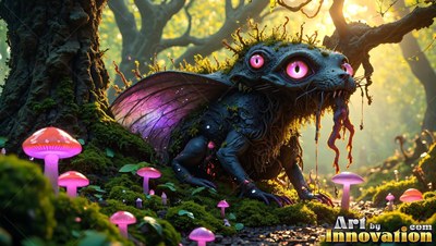 Crouched on moss by pink mushrooms, a winged multi-eyed monster creeps in the woods