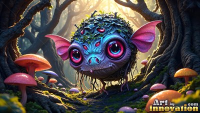 A round blue critter with pink bat ears stands by sunny forest mushrooms
