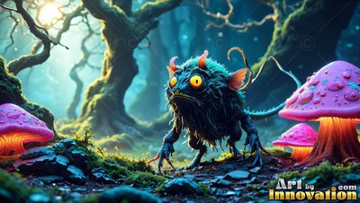 In a dark woods near pink mushrooms, a spiky green creature crouches on the path