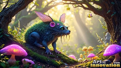 Perched on a mossy log, a fuzzy green mouse rests near bright purple mushrooms