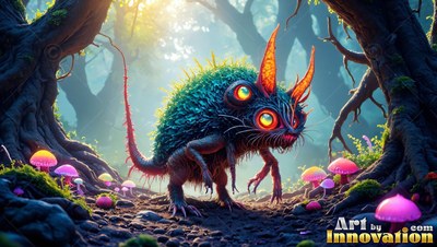A spiky green monster with four eyes stands by pink mushrooms in the woods