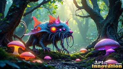 Large round red eyes stare from a spiny blue creature creeping past bright pink mushrooms