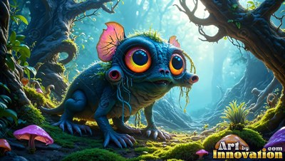A big-eyed blue critter crawls across the mossy ground in soft pale sunlight