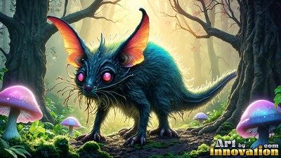 Crouching in a misty forest, a spiky blue critter stands by bright pink mushrooms