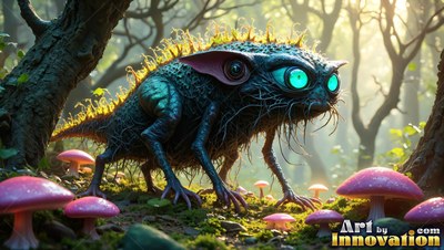 A spiny blue creature crawls past pink mushrooms in a sunny forest
