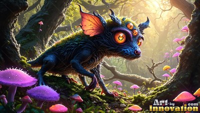 In a sunny forest with pink mushrooms, a blue horned creature walks along a log