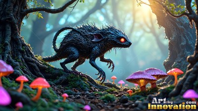 Creeping through woods, a spiky black creature stalks past pink mushrooms