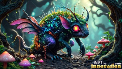 A mossy winged creature with bright eyes sits near pink mushrooms