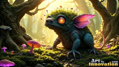 Pink petal ears sprout from a mossy critter sitting near purple mushrooms in sunlit woods