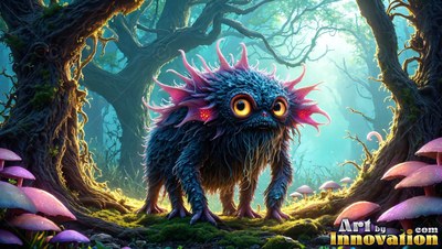 A fuzzy blue creature with pink fins stands on moss in pale green forest light