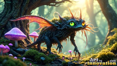Prowling sideways through the woods, a spiky green creature steps by purple mushrooms