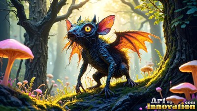 A winged blue creature with big yellow eyes creeps past pink mushrooms in a sunny wood