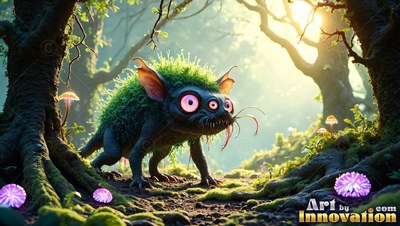 In a sunlit forest, a furry green creature with pink eyes walks on moss