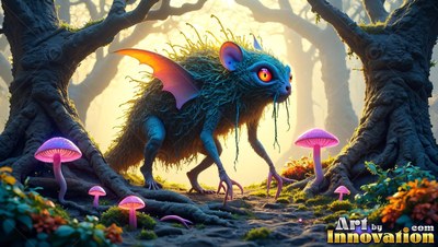 Creeping past pink mushrooms, a small blue creature with orange wings stalks a misty forest