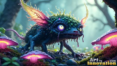 A mossy creature creeps past pink mushrooms in a forest