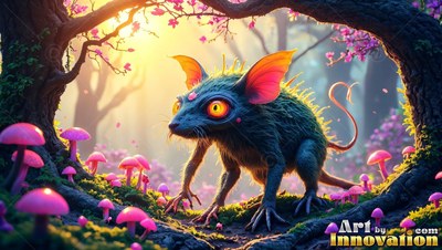 Bright orange ears perk on a furry blue creature crawling past pink forest mushrooms