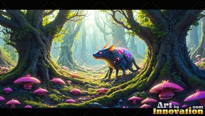 A horned creature creeps between mossy roots where pink mushrooms grow