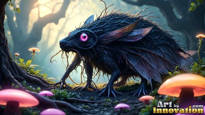 Facing sideways in a forest, a spiny black creature walks past pink mushrooms