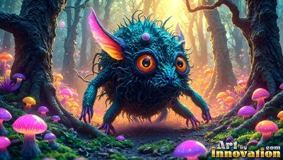 A spiky blue creature with big orange eyes crouches near bright pink mushrooms