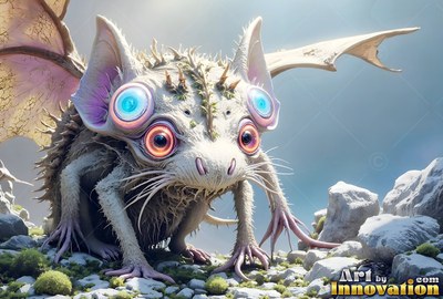 On rocky ground, a spiky winged creature crouches with four round blue eyes