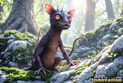 Crouching on mossy rocks, a spiky dark fantasy critter looks out with round orange eyes