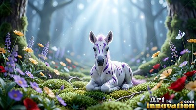 A small zebra with purple stripes lies on moss among flowers