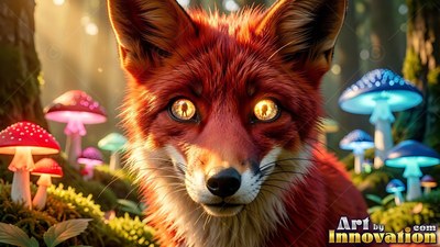 Bright yellow eyes stare from a red fox sitting in a mossy forest beside colorful mushrooms