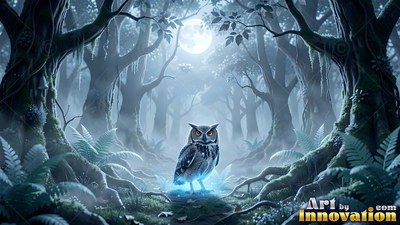 A horned owl stands on a dark forest path under the pale blue light of a full moon