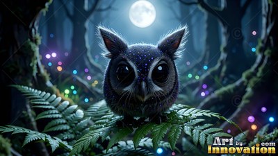 Facing forward on green ferns, a tiny round owl perches in a dark forest under the moon