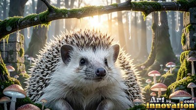 A cute spiky hedgehog rests on green moss by small mushrooms in sunny woods