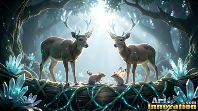 In a bright forest with blue crystals, two deer stand over tiny winged mice