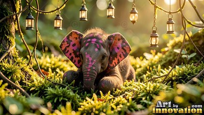 Sitting in green moss, a tiny baby elephant rests below hanging lanterns
