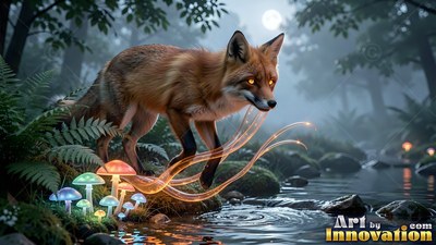 A red fox steps past bright mushrooms by a stream in the foggy woods