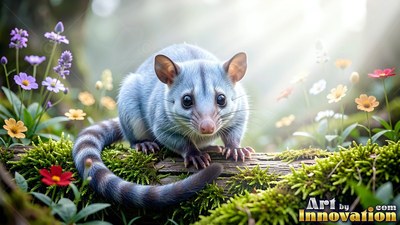 A long striped tail curls behind a fuzzy blue possum crouching on a mossy log with flowers