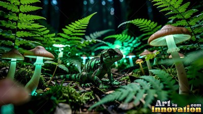 A green lizard sits among ferns near mushrooms that shine with pale turquoise light