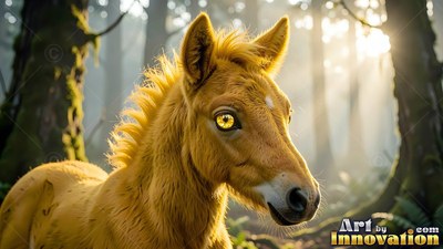 Facing right in a bright forest, a golden foal looks out with round yellow eyes