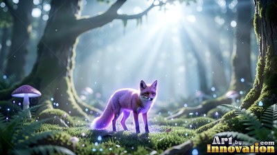 A small pink fox stands on green moss under bright sunlight in the woods